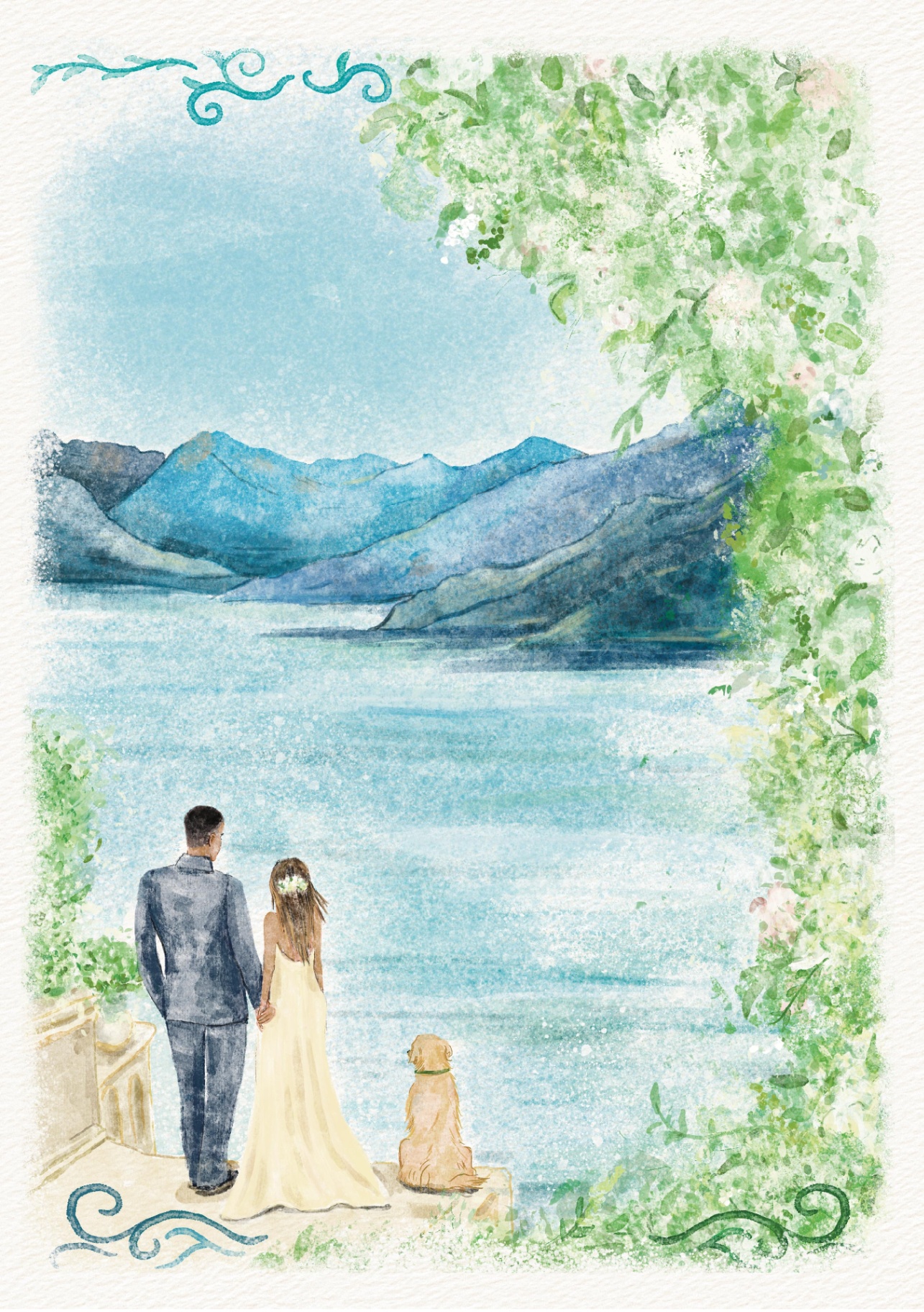 Watercolor illustration of Ally and Saira holding hands by Lake Como with their dog